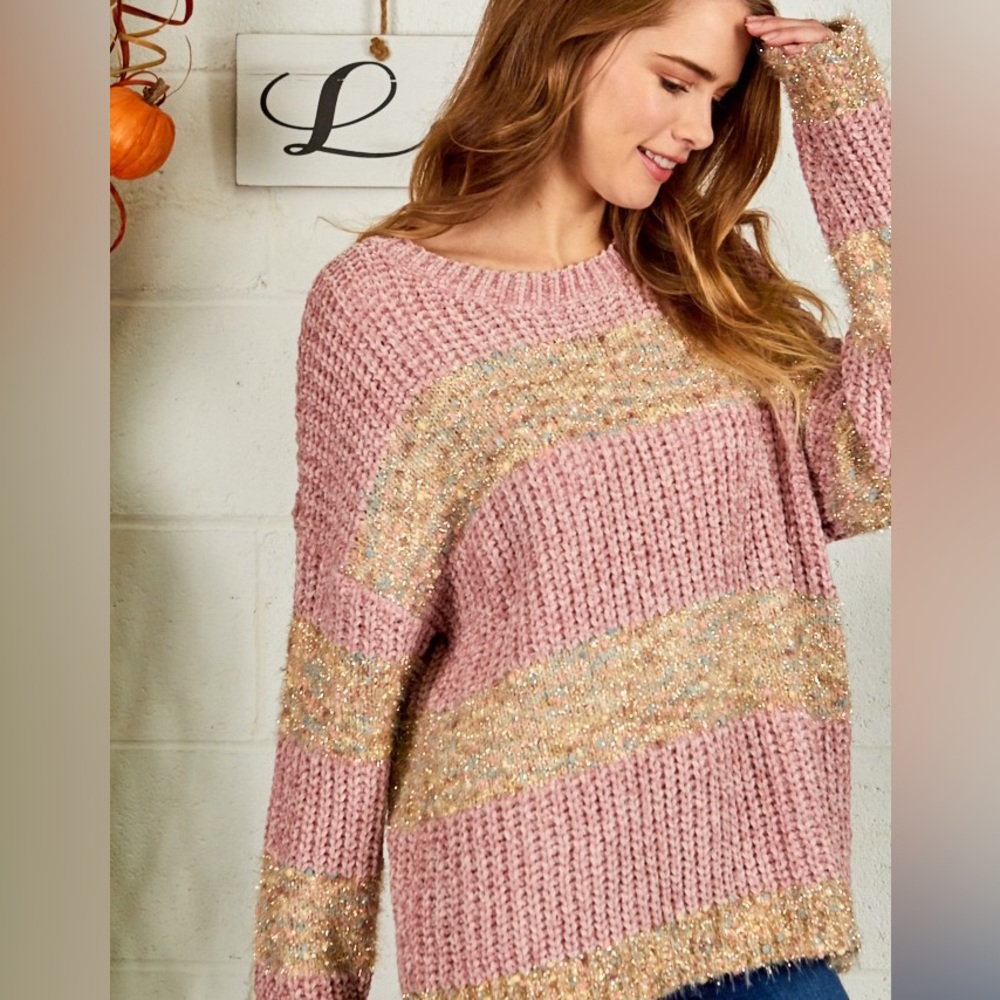 **Last One** Chenille Confetti Soft Knit Sweater, Pink & Gold Metallic Details - Picture 2 of 12